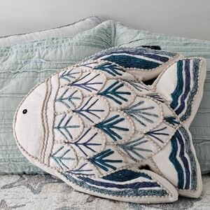 Anthropologie Blue and Cream Fish Accent Pillow